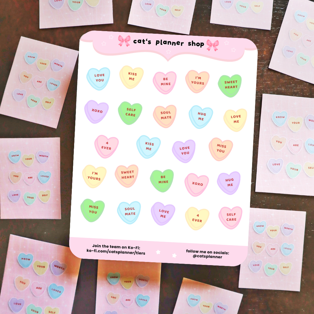 Candy Heart Sticker Sheet – Pastel Affirmation Stickers for Journaling, Planners & Scrapbooking