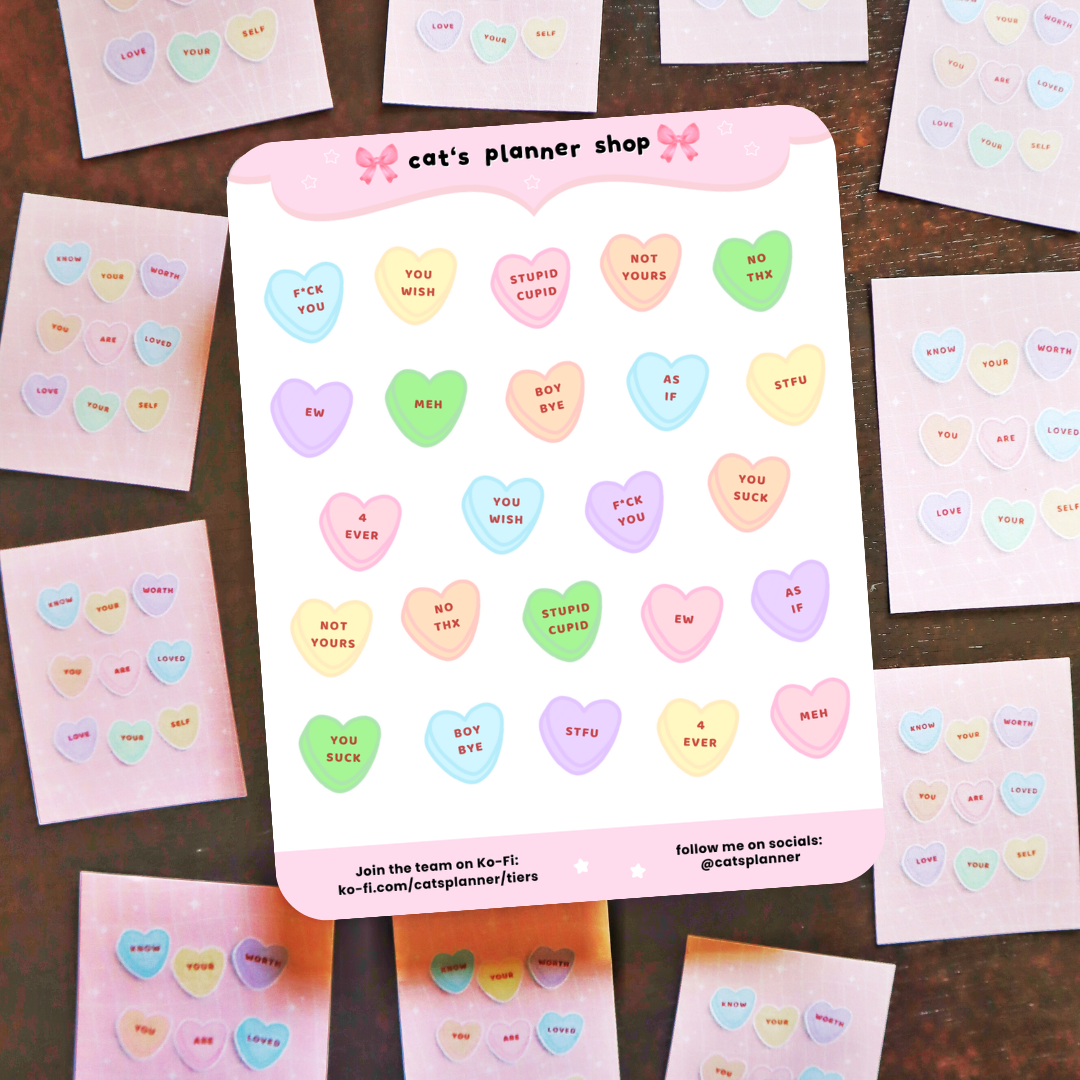 Candy Heart Sticker Sheet – Pastel Affirmation Stickers for Journaling, Planners & Scrapbooking