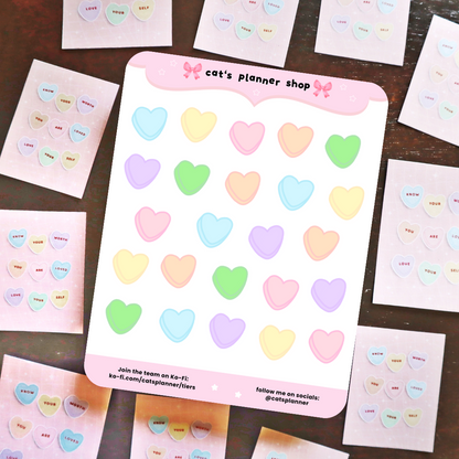 Candy Heart Sticker Sheet – Pastel Affirmation Stickers for Journaling, Planners & Scrapbooking