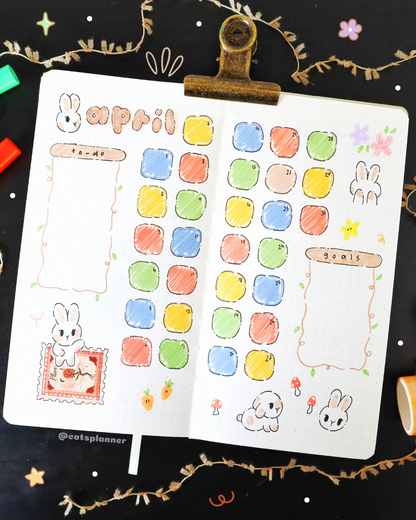 Cute Bunnies Postcard | Kawaii Rabbit Art Print with Carrots & Grass