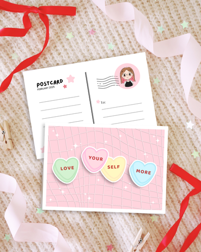Candy Heart Postcard | Love Yourself More Affirmation Card
