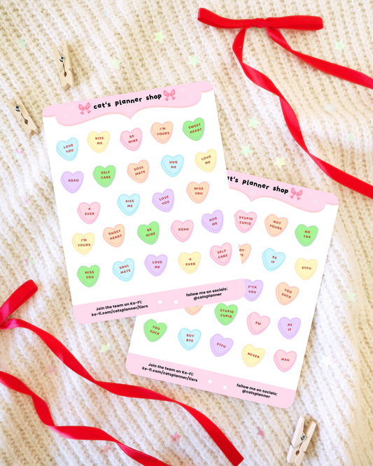 Candy Heart Sticker Sheet – Pastel Affirmation Stickers for Journaling, Planners & Scrapbooking