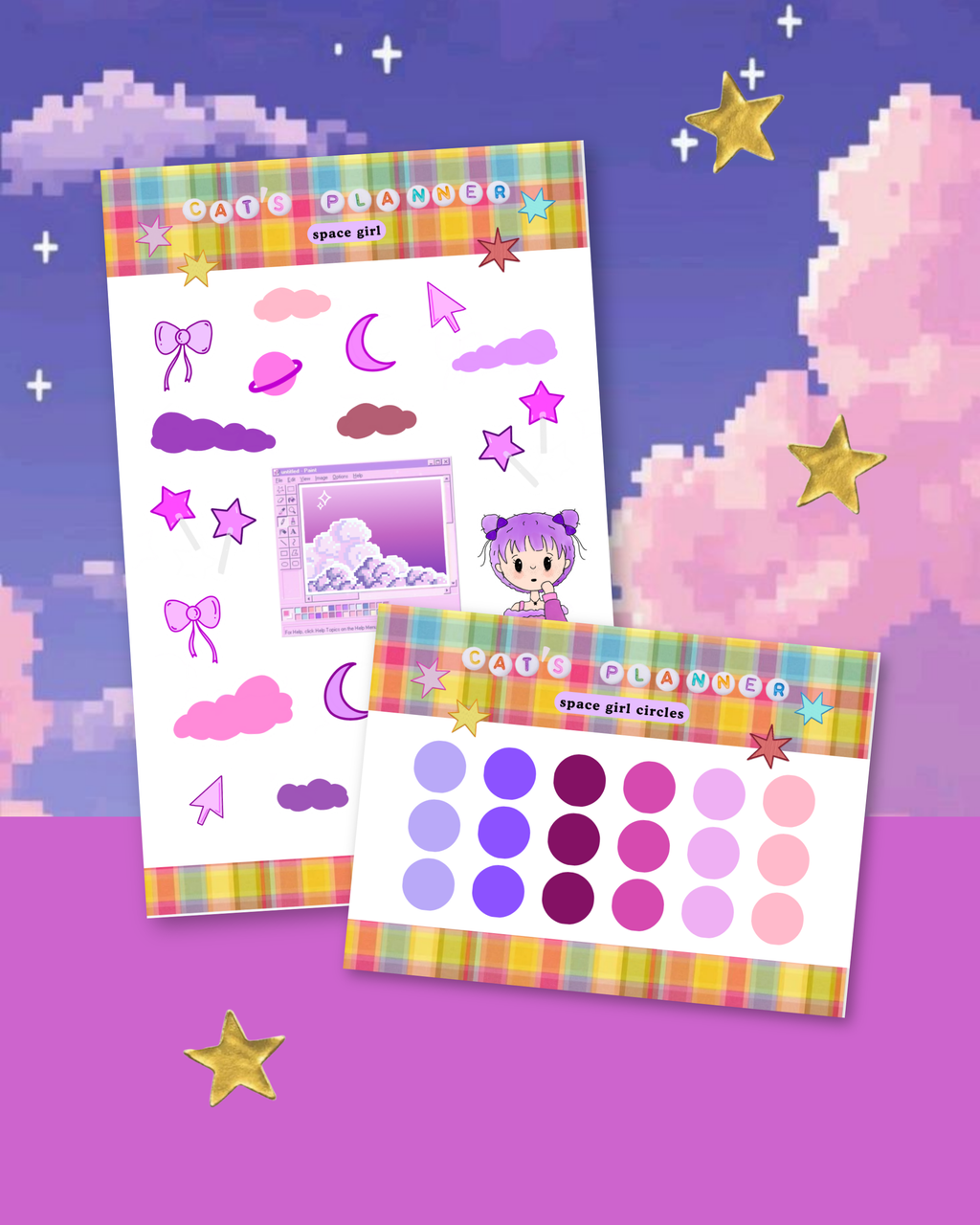 Vaporwave Space Girl Sticker Sheet – Aesthetic Galaxy Stickers for Journaling & Scrapbooking