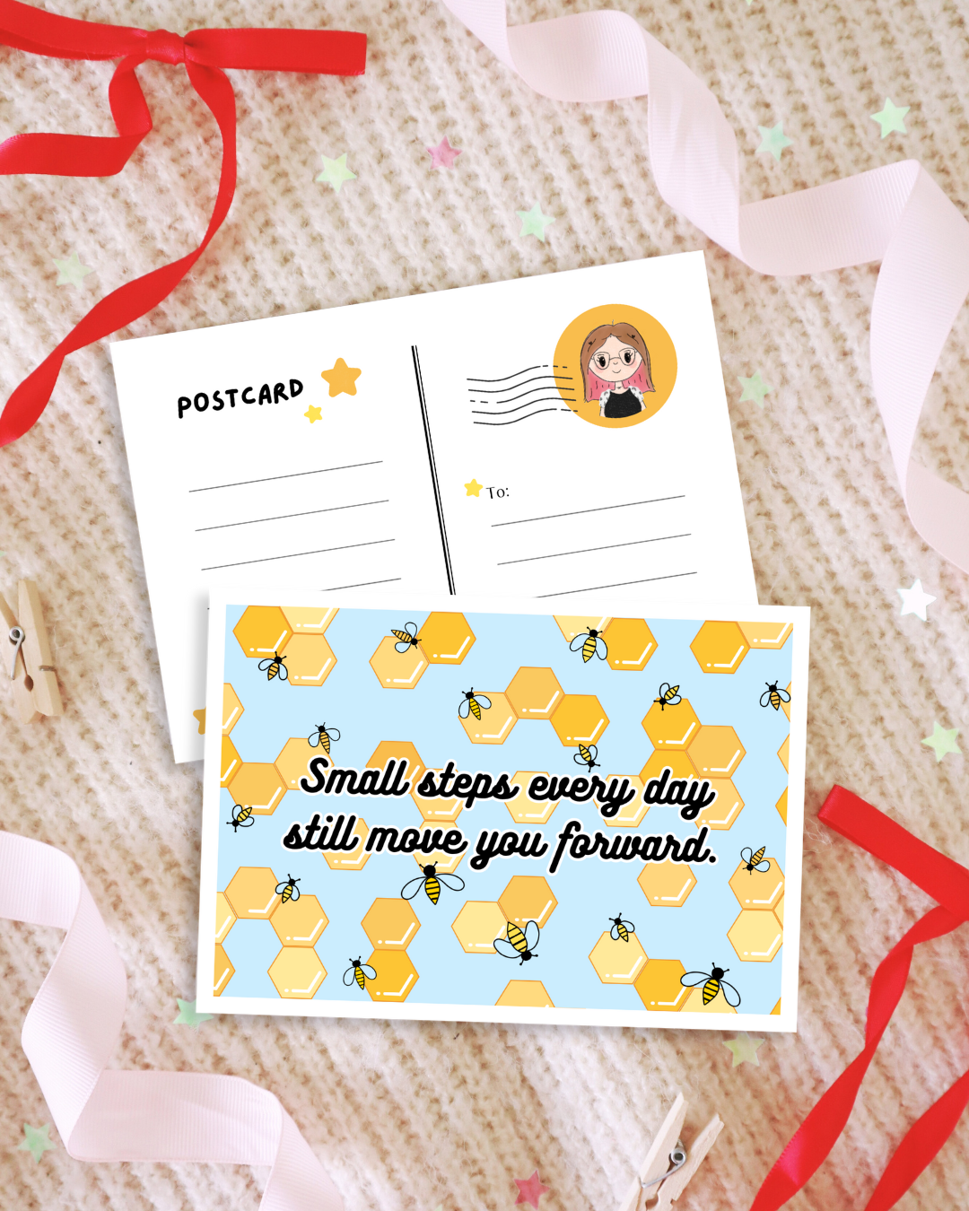 Bees & Honeycombs Inspirational Postcard | Cute Bee Positive Affirmation Art Print